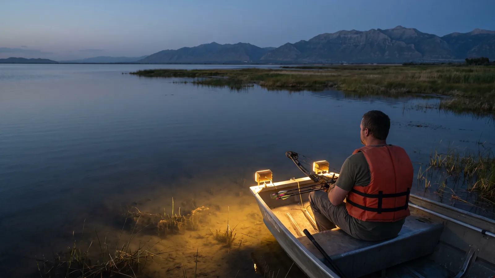 A bowfisher in a life jacket sits in a lighted boat on Utah Lake at blue hour