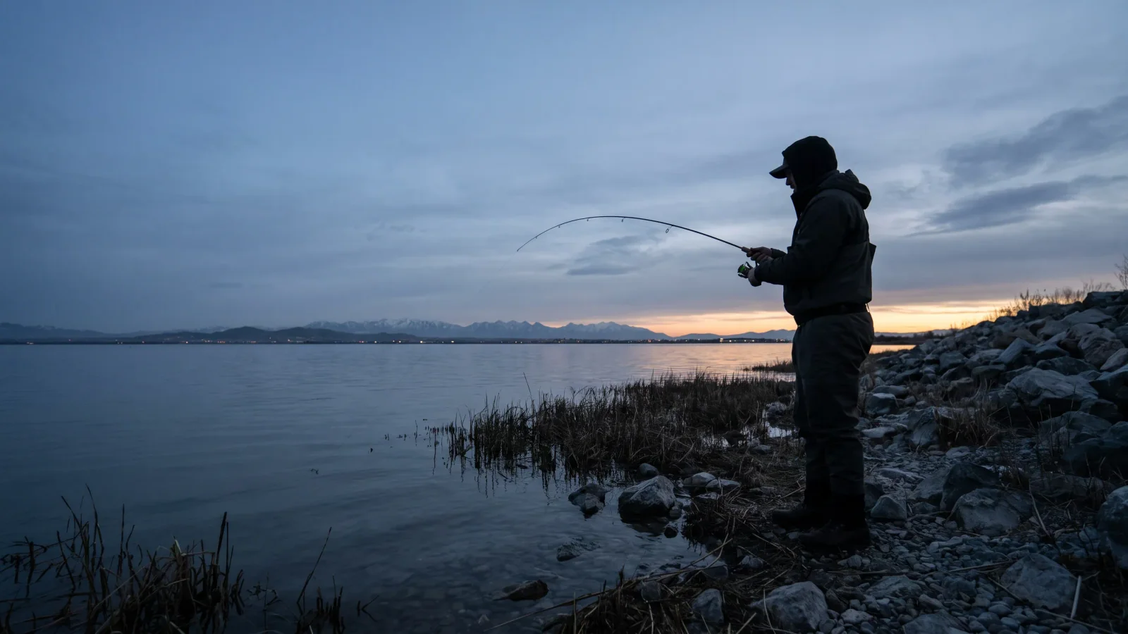 Illustrative view of a shore angler fighting a fish at blue hour beside Utah Lake and the Wasatch Mountains