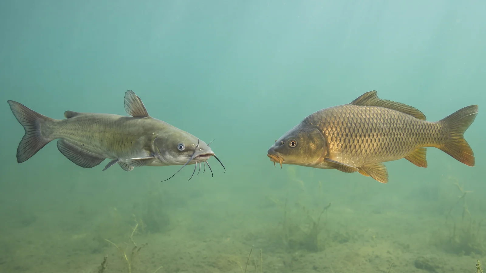 Illustrative side-profile comparison of a channel catfish and a common carp underwater
